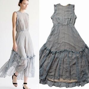 HEIDI MERRICK Flowy Chiffon Silk Diamond Print Tiered Ruffle Maxi Dress M